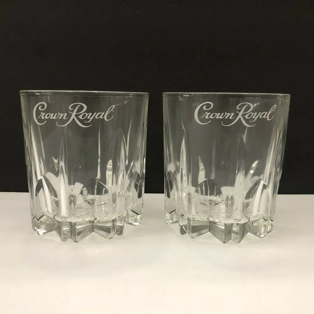 2 Crown Royal Whiskey Etched Cursive Clear Starburst Base Rocks Glasses